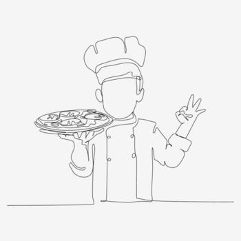 One line continuous design of chef in hat serving pizza. Cute cooking art character. Minimalist style illustration on white background. vector