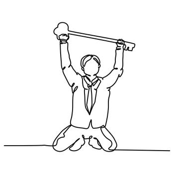 Happy expression continuous line design of a man holding a key. Solution finding concept design. Decorative elements drawn on a white background. vector