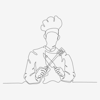 continuo uno línea diseño de cocinero en sombrero participación cuchillo y espátula. confidente Cocinando personaje. minimalista estilo ilustración en blanco antecedentes. vector