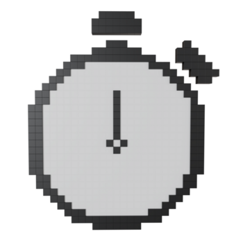 3d framställa pixel konst stoppur ikon tillverkad av svart och vit kuber, minimalistisk design begrepp symboliserar tid, nedräkning, deadline, eller hastighet i digital png
