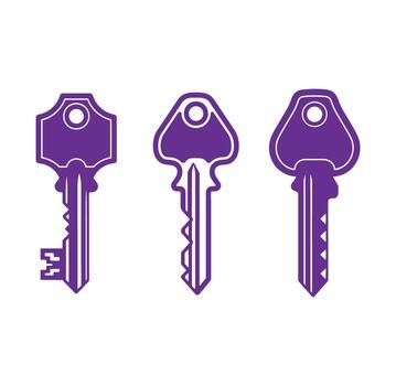 Purple keys in various designs arranged on a white background representing security and access vector
