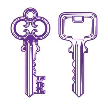 Clásico llave ilustraciones en púrpura contornos representando seguro acceso y retro diseño vector