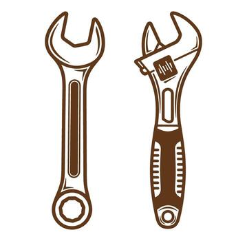 Illustration of two brown wrenches featuring open end and adjustable designs vector