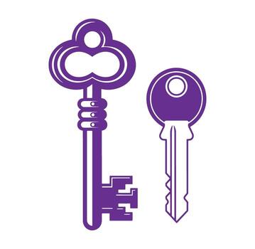 Two purple keys in style representing security and access on a white background vector