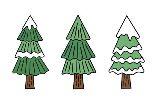 Three cartoon fir trees with snow on the branches vector