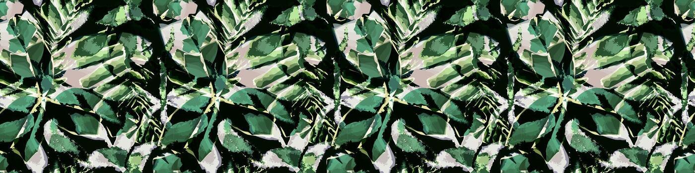 sin costura resumen tropical hoja modelo en lozano verde. vibrante resumen selva verdor textil diseño . resumen botánico horizontal impresión. verde resumen verano follaje fondo vector