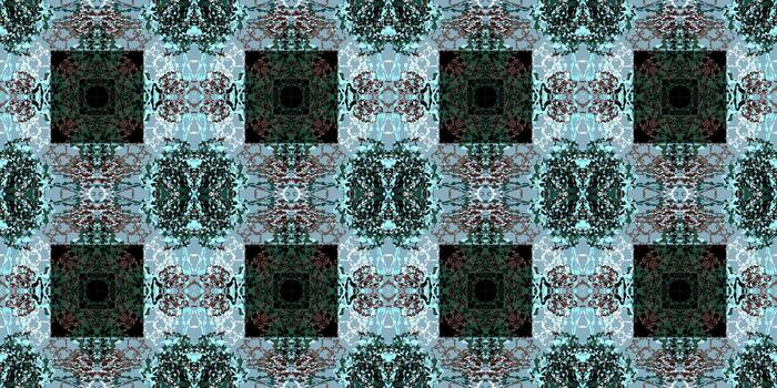 resumen calidoscópico embaldosado modelo en apagado verde azulado, marrón, y negro. intrincado ornamental mosaico antecedentes con oscuro cuadrícula. resumen textil diseño con repetitivo cuadrícula estructura vector