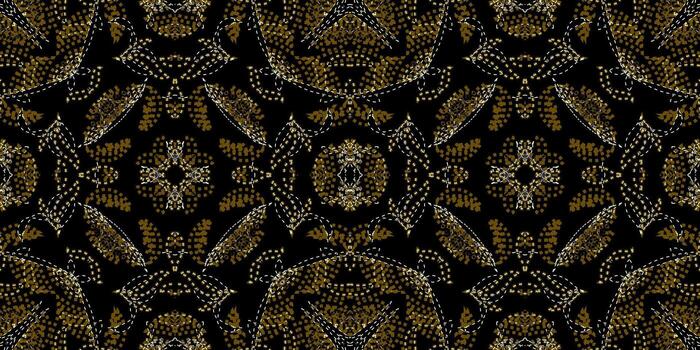 lujo resumen sin costura modelo con oro y blanco puntadas en negro. florido simétrico oscuro antecedentes con intrincado punteado ornamento . oro tapiz con bordado estilo modelo vector