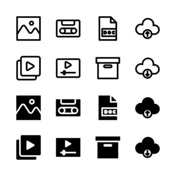 UI Media and File Management Line and Solid Icons for Tools and System vector