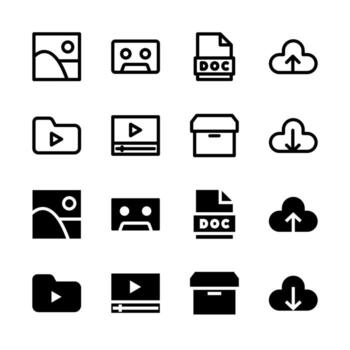 medios de comunicación y archivo administración línea y sólido icono conjunto para ui y aplicación diseño vector