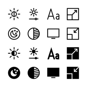 Modern Display and Theme Settings Icons Solid and Line for Dashboard and Interface vector