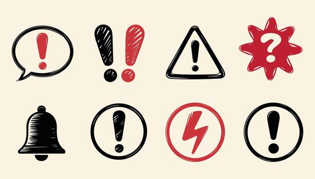 Collection of hand-drawn black and red warning and alert symbols on a cream background attention symbol vector