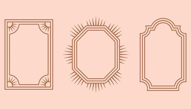 Three decorative geometric frames with sunburst elements in terracotta brown on a pale peach background vector