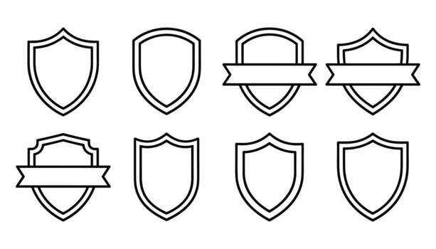 Set of eight black outline shield icons with and without banners on a white background emblem badge vector