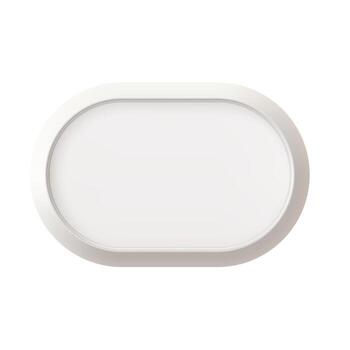 Horizontal oval picture frame isolated on white. Photoframe 3d render, rounded board plate. Blank poster, paper card border. Product podium light gray top view, gallery wall layout. Copy space vector