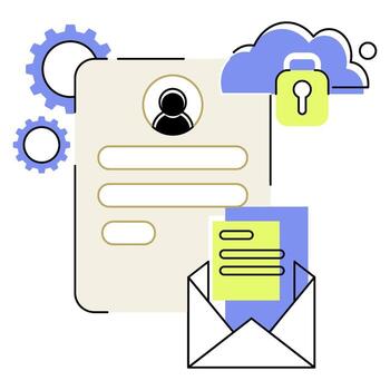 estilizado datos seguridad ilustración con engranajes, nube, candado, y sobre vector