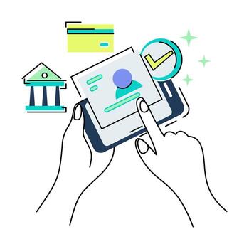 Digital Identity Verification Hands Interacting with Smartphone and Bank Icon. vector