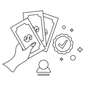 Hand Presenting Dollar Bills with Check Mark and User Icon, Financial Approval. vector