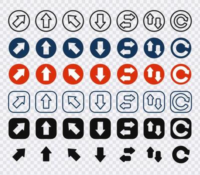 Collection of navigation arrows and refresh icons in various styles. Illustration vector