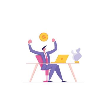 Happy Man Character Working with Laptop. Male Developer Coding, Developing Software on Computer. Web Designer Freelancer Money Concept. flat illustration vector