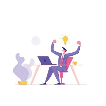 Happy Man Character Working with Laptop Having Idea Light Bulb. Male Developer Coding, Developing Software on Computer. Web Designer Freelancer Concept. flat illustration vector