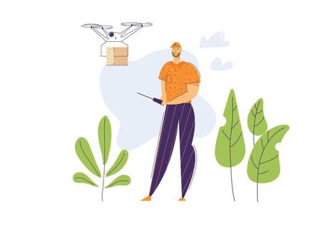 Man Character Flying Drone with Remote Control. Shipping Delivery Service Flight Technology. Guy Controlling Drone with Package Box. flat cartoon illustration vector