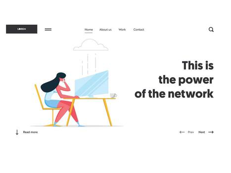 Cloud Computing Technologies Concept Landing Page. Woman Character Working with Computer Using Wireless Connection Service. Media File Storage Backup Banner Website. illustration vector
