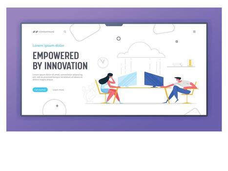 Cloud Computing Technologies Concept Banner. Man and Woman Characters Working with Computers Using Wireless Connection Service. Media File Storage Backup Landing Page Website. illustration vector