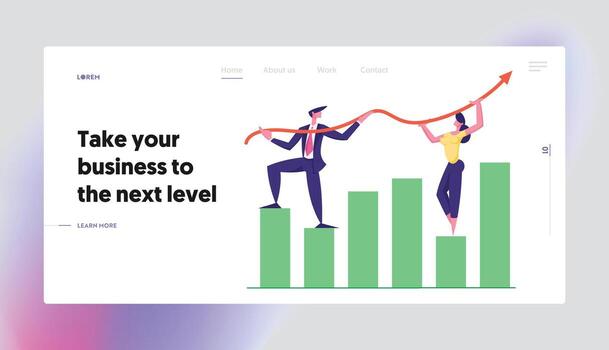 Business Team Working on Growth Arrow Graph Landing Page. Financial Profit Concept with Business Characters Data Analysis Website Banner Template. Flat Cartoon illustration vector
