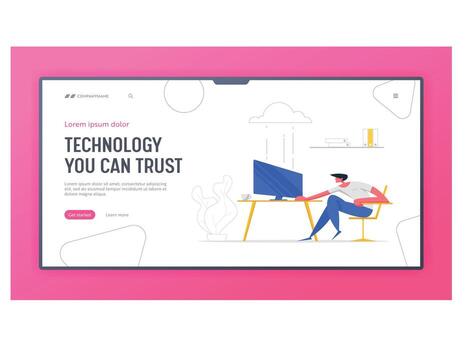 Cloud Computing Technologies Concept Banner. Man Character Working with Computer Using Wireless Connection Service. Media File Storage Backup Landing Page Website. illustration vector