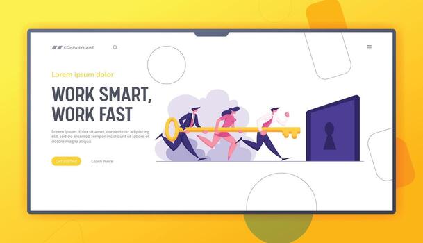negocio equipo con dorado llave corriendo a desbloquear el bloquear aterrizaje página. trabajo en equipo, negocio solución, objetivo logro, resolviendo problema concepto sitio web. plano ilustración vector