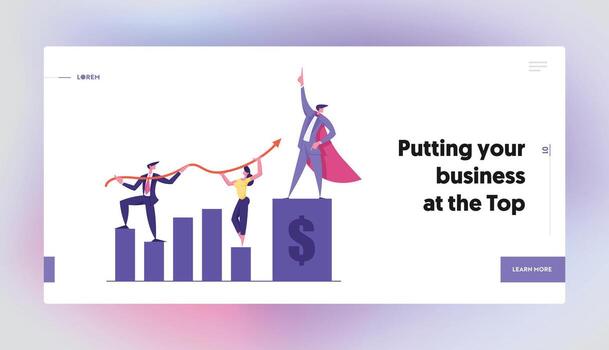 Business Team Working on Growth Arrow Graph Website Banner Template. Financial Profit Concept with Business Characters Data Analysis Landing Page. Flat Cartoon illustration vector