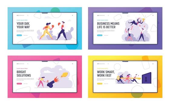 negocio equipo con dorado llave corriendo a desbloquear el bloquear aterrizaje página. trabajo en equipo, negocio solución, competencia desafío, resolviendo problema concepto web bandera. plano ilustración vector