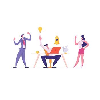 Successful Teamwork Concept with Group of Business People Characters Launching Start Up Project. Team Working Together, Brainstorming Creative Idea. flat cartoon illustration vector