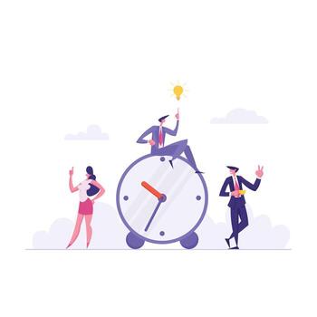 Time Management Concept with Successful Team Business Characters. Organization of Work Process with Alarm Clock and Businessmen. Man with Idea Light Bulb. flat cartoon illustration vector