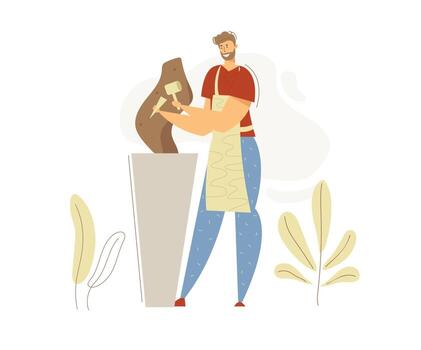 Smiling Man Sculptor Working in Studio. Carver Profession Concept with Male Character with Tool Sculpting Workshop. flat cartoon illustration vector