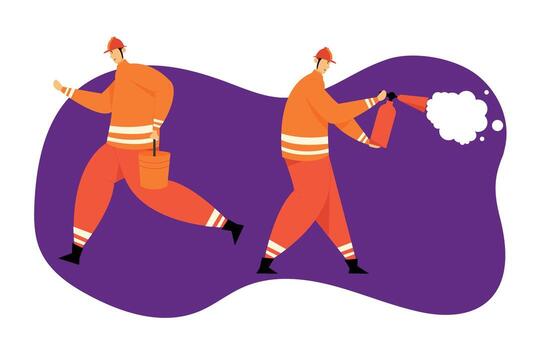 Firefighter Characters with Rescue Equipment. Firefighting Emergency Concept with Fireman in Action. Firefighters in Helmet with Extinguisher and Bucket. flat illustration vector