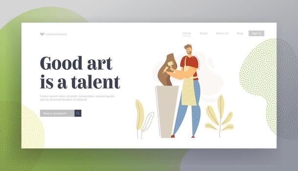 Smiling Man Sculptor Working in Studio Landing Page. Carver Profession Concept with Male Character with Tool Sculpting Workshop Website Banner. flat cartoon illustration vector