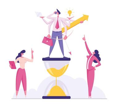 Productive Businessman Character with Six Hands Doing Several Actions Standing on Hourglass, Time Management, Multitasking Efficient Business Success Concept, Deadline Cartoon Flat Illustration vector