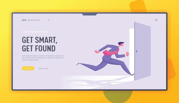 Business Man in Formal Suit Running into Open Door Entrance or Run Out of Exit, Businessman New Opportunity, Escape, Challenge, Website Landing Page, Web Page. Cartoon Flat Illustration, Banner vector