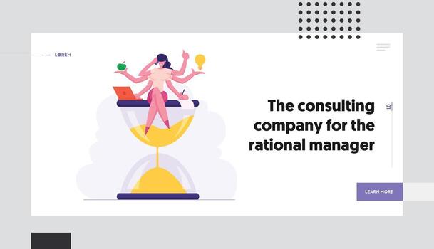 Multitasking Efficient Business Success. Businesswoman with Six Hands Doing Several Actions Sit on Hourglass, Time Management Website Landing Page, Web Page. Cartoon Flat Illustration, Banner vector