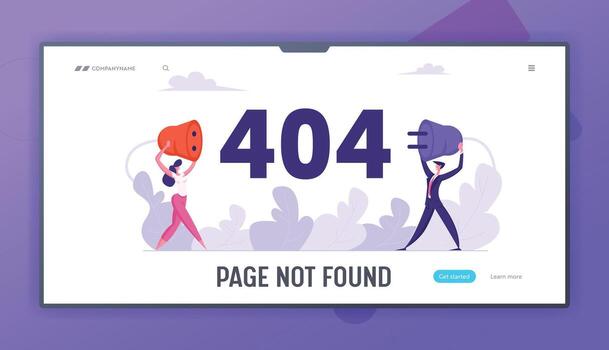 Website Error 404 Page with Business Characters Holding Wire Plug Socket. Page Not Found Template, Broken Internet Connection Website Landing Page, Web Page. Cartoon Flat Illustration, Banner vector