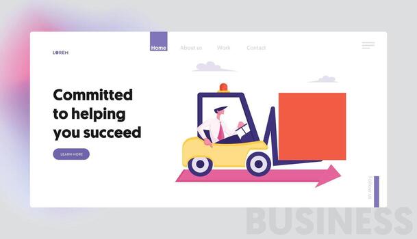 negocio hombre personaje conducir máquina elevadora cargador con enorme cuadrado figura montando a lo largo rojo flecha en piso. desafío, tarea solución, sitio web aterrizaje página, web página. dibujos animados plano ilustración, bandera vector