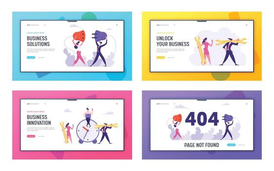 Business Innovation, Solution, 404 Error Website Landing Page Set, Time Management, Teamwork Business People with Socket, Plug and Wrench, Web Page not Found, Cartoon Flat Illustration, Banner vector