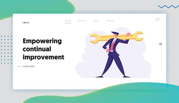 Successful Businessman, Manager Employee Character Holding Wrench. Man with Spanner in Hand. Technical Support Service Concept Website Landing Page, Web Page. Cartoon Flat Illustration, Banner vector