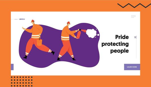 Firefighter Characters with Extinguisher and Bucket Rescue Equipment. Firefighting Emergency Concept with Fireman in Action Website Landing Page, Web Page. Cartoon Flat Illustration, Banner vector