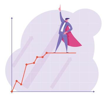 Business Man in Super Hero Cape Pointing Finger Up Stand on Growing Chart Broken Curve Line. Growth Data Analysis Arrow Graph, Financial Profit Statistic Diagram. Cartoon Flat Illustration vector