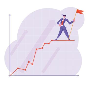 Businessman with Red Flag Stand on Top of Growing Business Chart Curve Line on Coordinate System. Growth Data Analysis Arrow Graph, Financial Profit Statistic Diagram. Cartoon Flat Illustration vector