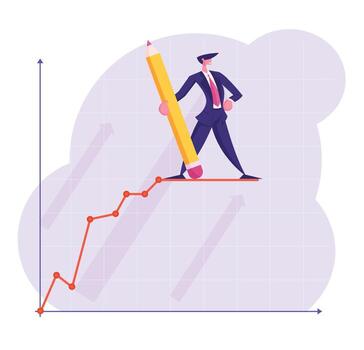 Businessman Character with Huge Pencil in Hand Stand on Top of Growing Business Chart Curve Line on Coordinate System, Project Presentation, Financial Statistics Graph Cartoon Flat Illustration vector