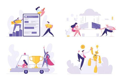 Set of Developers Create Mobile Application, People Use Cloud Storage Service, Woman Driving Lorry with Business Man in Red Super Hero Cape and Golden Cup, Robotics Ai Cartoon Flat Illustration vector